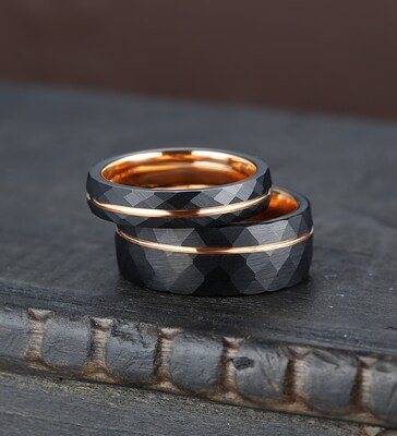 Men's wedding band, rose gold strip, black hammered tungsten carbide ring, gift for him, men's wedding ring, black ring, comfort fit ring - image2